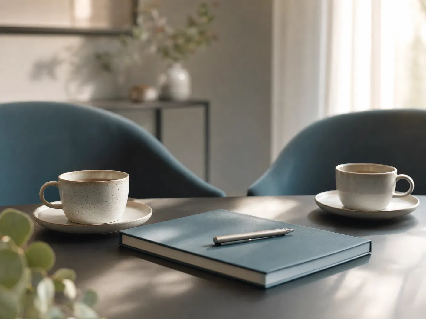 A calm consultation table with coffee, a notebook, and a pen.